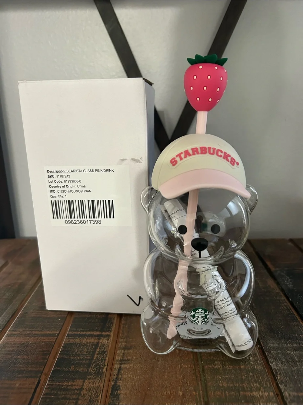 Starbucks Glass Bearista Cold Cup Pink Edition With Strawberry Topper NEW